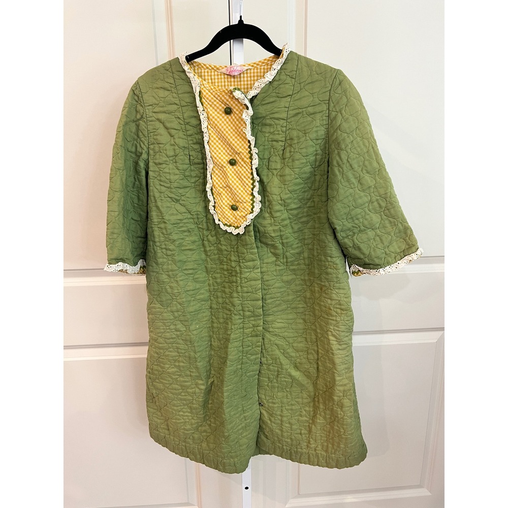 Vintage Evelyn Pearson Quilted House Coat Green Yellow Gingham Lace Trim Medium